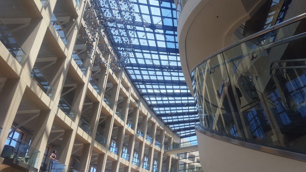 A view of the open ceiling and walls of the Salt Lake City Public Library.