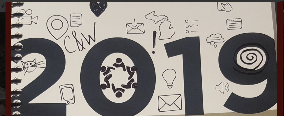 The top part of a program for the Computers & Writing 2019 conference; the words 2019 are spelled out with illustrations of a video camera, a cat, and e-mail messages in the middle.